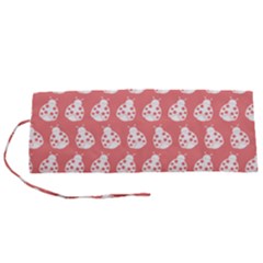 Coral And White Lady Bug Pattern Roll Up Canvas Pencil Holder (S)