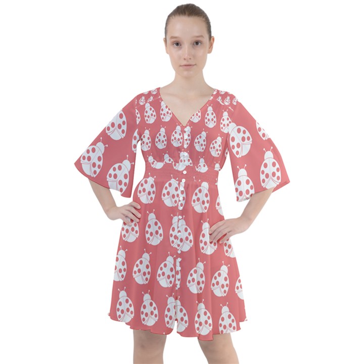 Coral And White Lady Bug Pattern Boho Button Up Dress