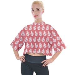 Coral And White Lady Bug Pattern Mock Neck Tee