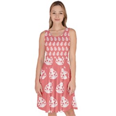 Coral And White Lady Bug Pattern Knee Length Skater Dress With Pockets