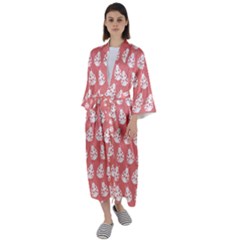 Coral And White Lady Bug Pattern Maxi Satin Kimono