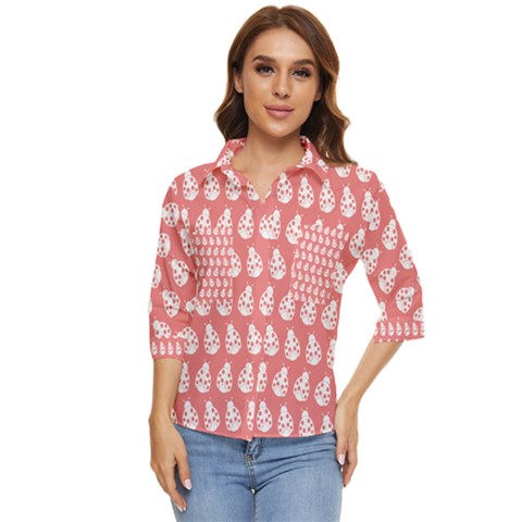 Coral And White Lady Bug Pattern Women s Quarter Sleeve Pocket Shirt by GardenOfOphir