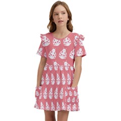 Coral And White Lady Bug Pattern Kids  Frilly Sleeves Pocket Dress