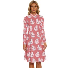 Coral And White Lady Bug Pattern Long Sleeve Shirt Collar A-Line Dress