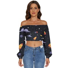 Cosmos Long Sleeve Crinkled Weave Crop Top by nateshop