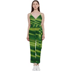 Green-01 V-neck Spaghetti Strap Tie Front Jumpsuit