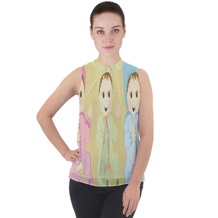 Happy 01 Mock Neck Chiffon Sleeveless Top