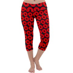 Charcoal And Red Peony Flower Pattern Capri Yoga Leggings by GardenOfOphir