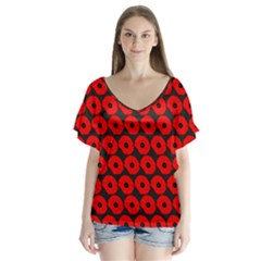 Charcoal And Red Peony Flower Pattern V-Neck Flutter Sleeve Top