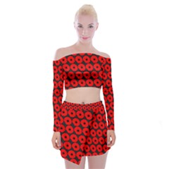 Charcoal And Red Peony Flower Pattern Off Shoulder Top With Mini Skirt Set by GardenOfOphir