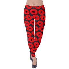 Charcoal And Red Peony Flower Pattern Velvet Leggings