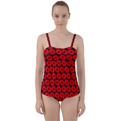 Charcoal And Red Peony Flower Pattern Twist Front Tankini Set