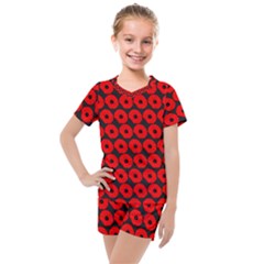 Charcoal And Red Peony Flower Pattern Kids  Mesh Tee and Shorts Set