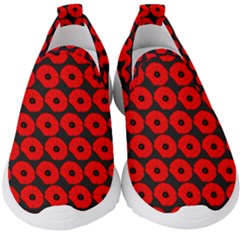 Charcoal And Red Peony Flower Pattern Kids  Slip On Sneakers
