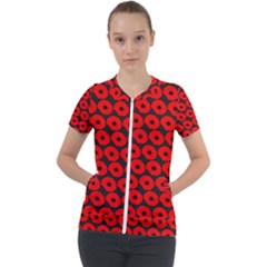 Charcoal And Red Peony Flower Pattern Short Sleeve Zip Up Jacket