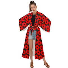 Charcoal And Red Peony Flower Pattern Maxi Kimono