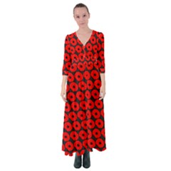 Charcoal And Red Peony Flower Pattern Button Up Maxi Dress