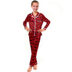 Charcoal And Red Peony Flower Pattern Kid s Satin Long Sleeve Pajamas Set by GardenOfOphir