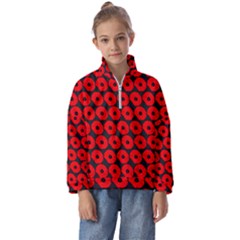 Charcoal And Red Peony Flower Pattern Kids  Half Zip Hoodie