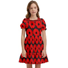 Charcoal And Red Peony Flower Pattern Kids  Puff Sleeved Dress