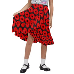 Charcoal And Red Peony Flower Pattern Kids  Ruffle Flared Wrap Midi Skirt