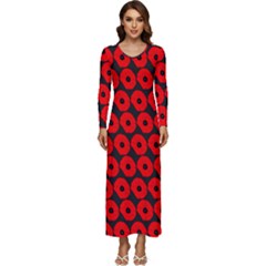 Charcoal And Red Peony Flower Pattern Long Sleeve Longline Maxi Dress