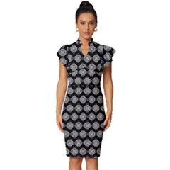 Abstract Knot Geometric Tile Pattern Vintage Frill Sleeve V-neck Bodycon Dress by GardenOfOphir