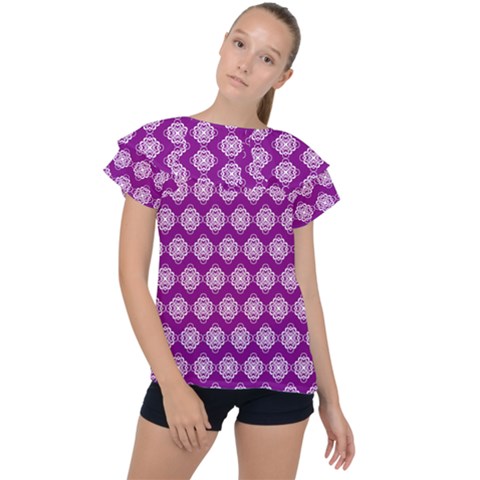 Abstract Knot Geometric Tile Pattern Ruffle Collar Chiffon Blouse by GardenOfOphir