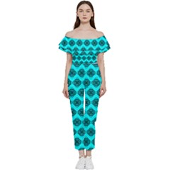 Abstract Knot Geometric Tile Pattern Off Shoulder Ruffle Top Jumpsuit