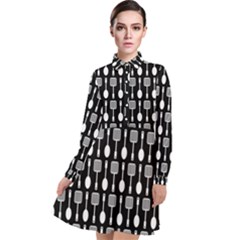 Black And White Spatula Spoon Pattern Long Sleeve Chiffon Shirt Dress by GardenOfOphir