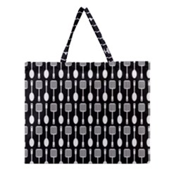 Black And White Spatula Spoon Pattern Zipper Large Tote Bag by GardenOfOphir