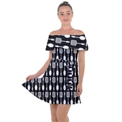 Black And White Spatula Spoon Pattern Off Shoulder Velour Dress by GardenOfOphir