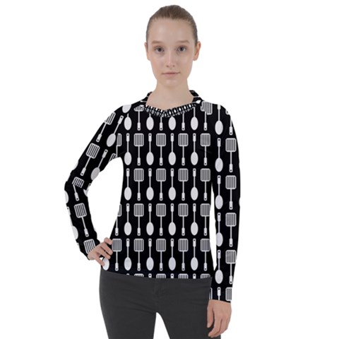 Black And White Spatula Spoon Pattern Women s Pique Long Sleeve Tee by GardenOfOphir