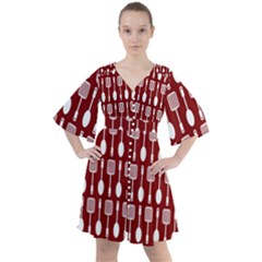 Red And White Kitchen Utensils Pattern Boho Button Up Dress by GardenOfOphir