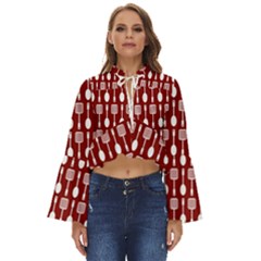 Red And White Kitchen Utensils Pattern Boho Long Bell Sleeve Top