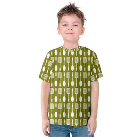 Olive Green Spatula Spoon Pattern Kids  Cotton Tee by GardenOfOphir