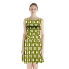 Olive Green Spatula Spoon Pattern Sleeveless Waist Tie Chiffon Dress by GardenOfOphir