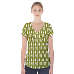 Olive Green Spatula Spoon Pattern Short Sleeve Front Detail Top