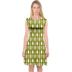 Olive Green Spatula Spoon Pattern Capsleeve Midi Dress by GardenOfOphir