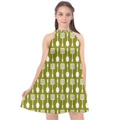 Olive Green Spatula Spoon Pattern Halter Neckline Chiffon Dress  by GardenOfOphir