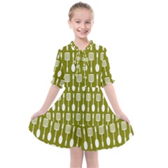 Olive Green Spatula Spoon Pattern Kids  All Frills Chiffon Dress