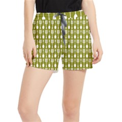 Olive Green Spatula Spoon Pattern Women s Runner Shorts by GardenOfOphir