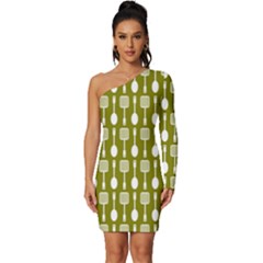 Olive Green Spatula Spoon Pattern Long Sleeve One Shoulder Mini Dress by GardenOfOphir