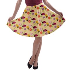 Colorful Ladybug Bess And Flowers Pattern A-line Skater Skirt by GardenOfOphir