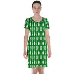 Green And White Kitchen Utensils Pattern Short Sleeve Nightdress by GardenOfOphir