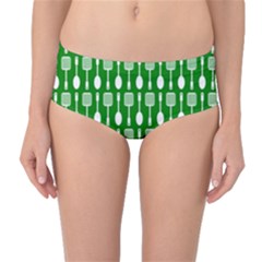 Green And White Kitchen Utensils Pattern Mid-waist Bikini Bottoms by GardenOfOphir