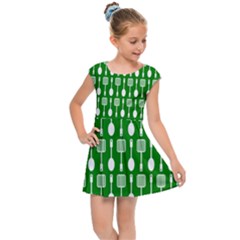 Green And White Kitchen Utensils Pattern Kids  Cap Sleeve Dress by GardenOfOphir