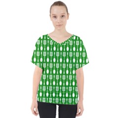 Green And White Kitchen Utensils Pattern V-neck Dolman Drape Top by GardenOfOphir