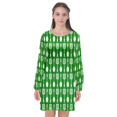 Green And White Kitchen Utensils Pattern Long Sleeve Chiffon Shift Dress  by GardenOfOphir