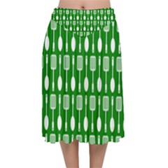Green And White Kitchen Utensils Pattern Velvet Flared Midi Skirt by GardenOfOphir